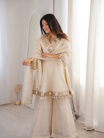 Premium Chinon Mirror Work Palazzo Set With Kodi Lace Dupatta