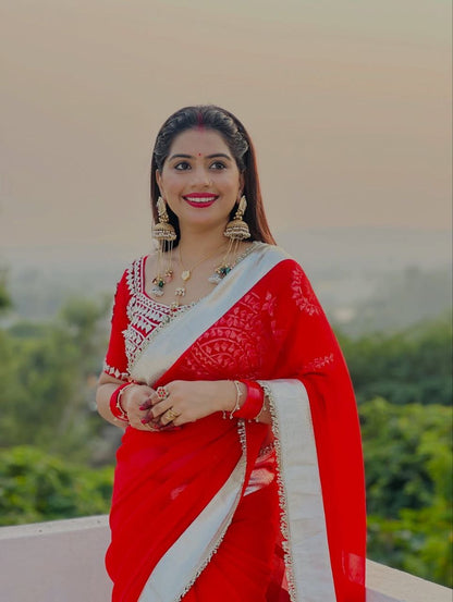 Premium Hand Charkhi Gotta Patti Saree With Stitch Blouse