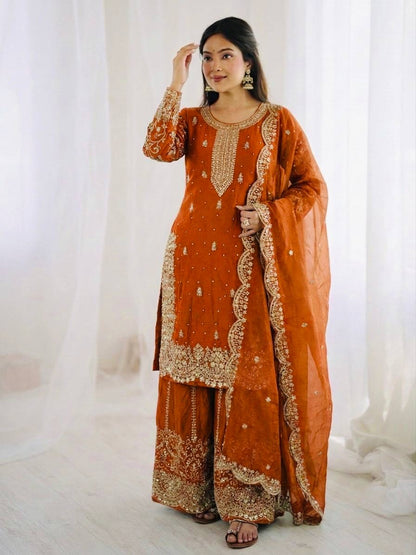 Premium Fndy Silk Sequence Work Kurta Palazzo Set
