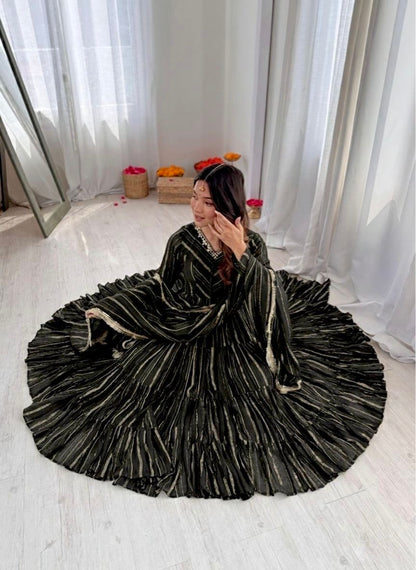 Mal Chanderi Ruffle Gown Set With Mirror Handwork Dupatta