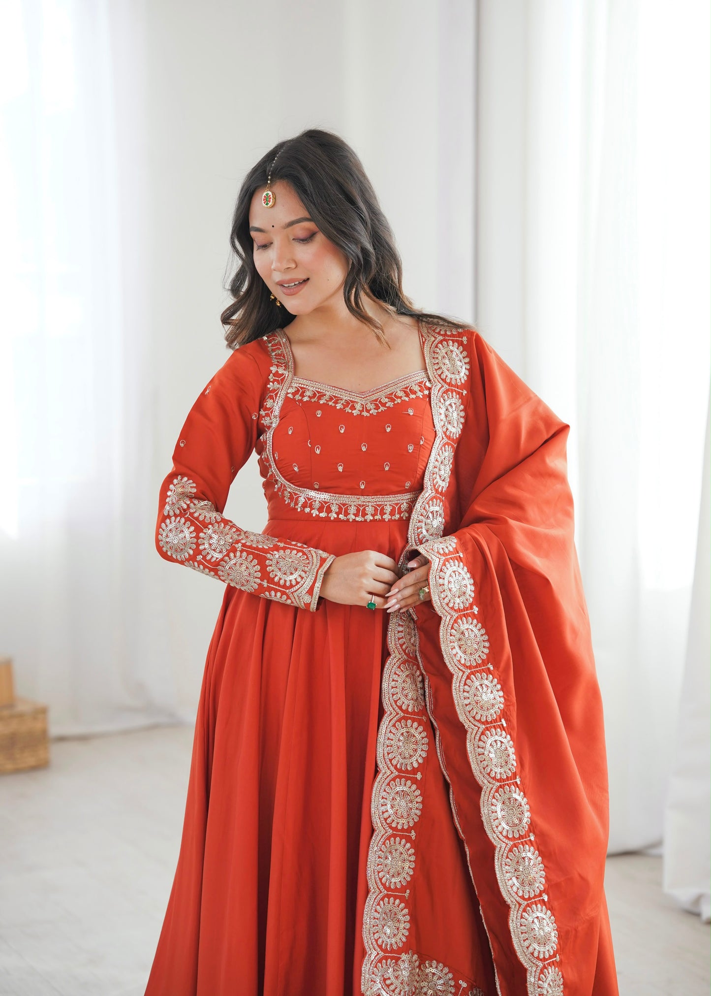 Regal Roman Silk Anarkali – Embroidered Elegance Set