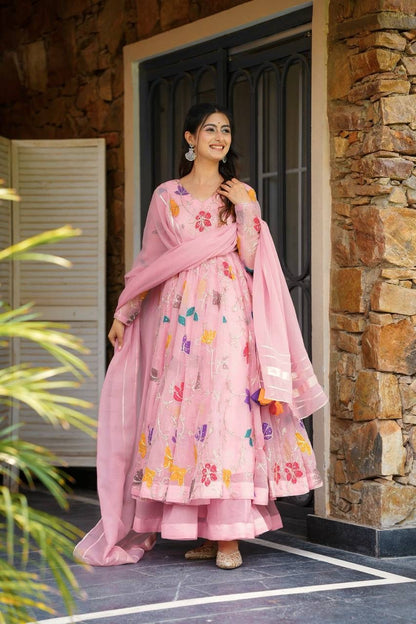 Floral Embroidered Gown Sharara Set – Star Georgette Designer Wear