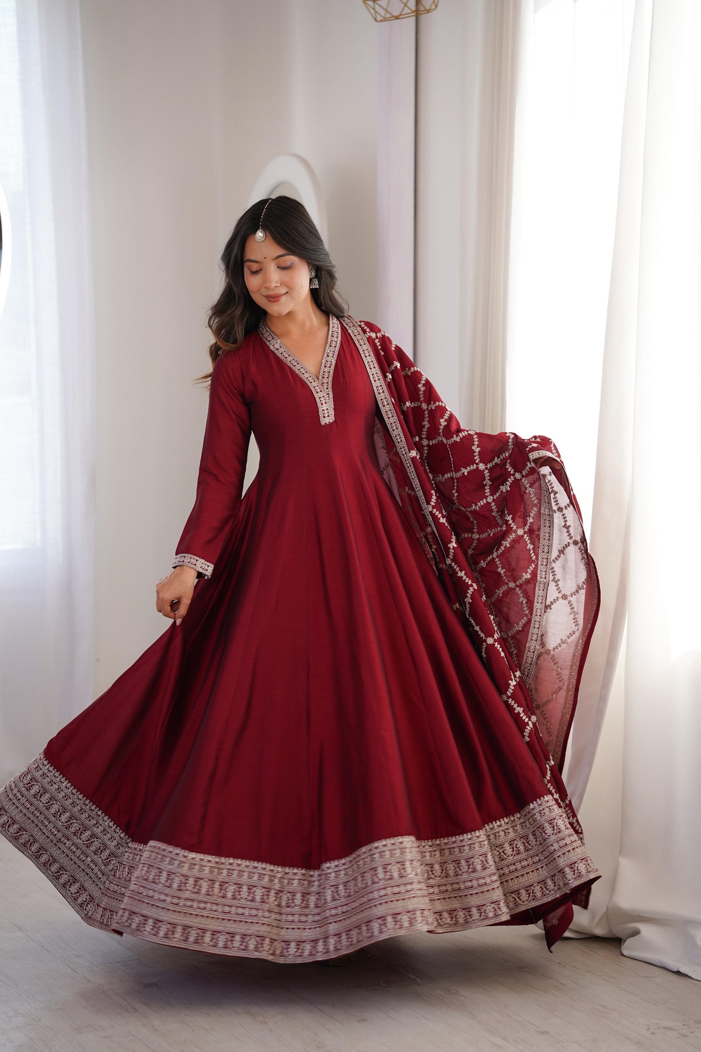 Premium Blooming Vichitra Silk Anarkali Gown Set with Dupatta