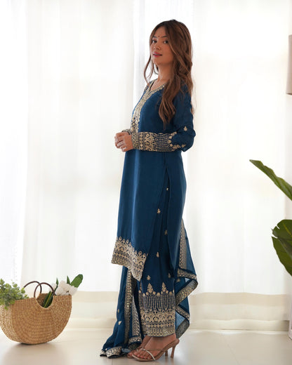 Pure Chinon Silk Embroidered Kurta Set with Dupatta & Trouser