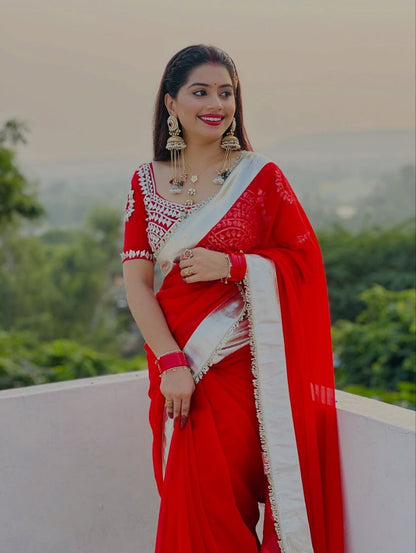 Premium Hand Charkhi Gotta Patti Saree With Stitch Blouse