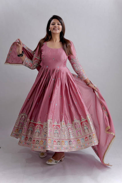 Designer Cinon Silk Embroidered Gown Pant Dupatta Set