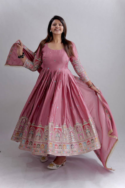 Designer Cinon Silk Embroidered Gown Pant Dupatta Set