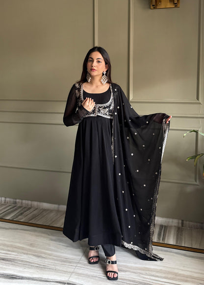 Premium Fox Georgette 16 Kali Anarkali Set with Koti, Dupatta & Pant