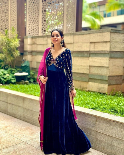 Designer Royal Velvet Anarkali with Lace Dupatta