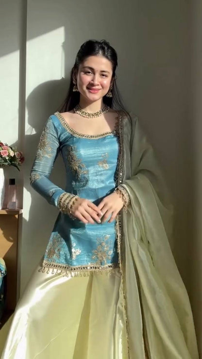 Premium Fendy Silk Mirror Work Plazo Set with Dupatta