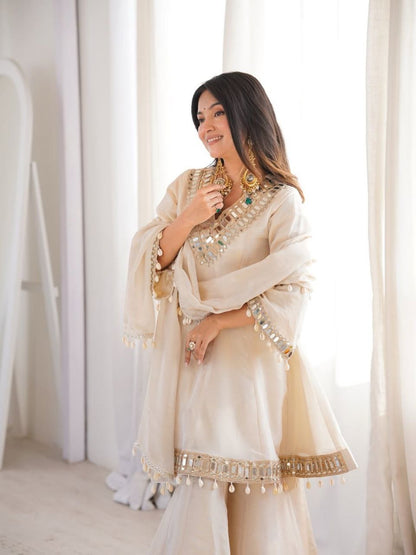 Premium Chinon Mirror Work Palazzo Set With Kodi Lace Dupatta