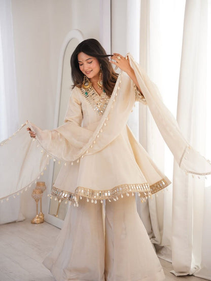 Premium Chinon Mirror Work Palazzo Set With Kodi Lace Dupatta