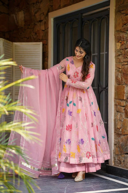 Floral Embroidered Gown Sharara Set – Star Georgette Designer Wear