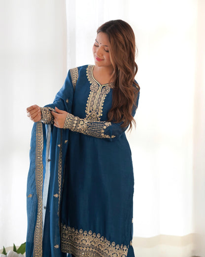 Pure Chinon Silk Embroidered Kurta Set with Dupatta & Trouser