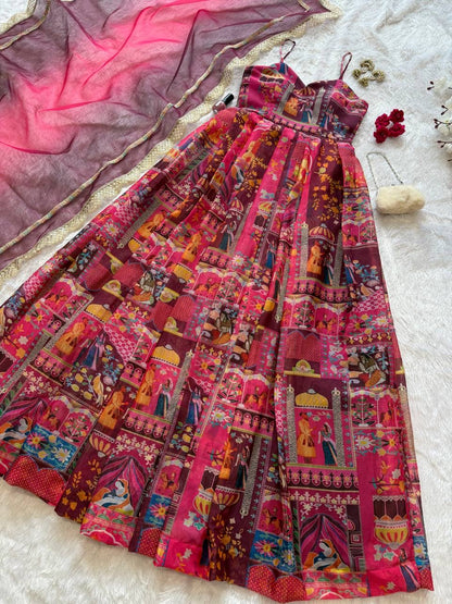 Gulnaar Digital Print Flared Anarkali Set