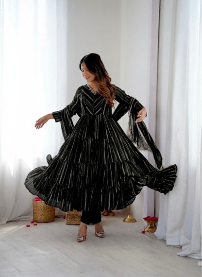 Mal Chanderi Ruffle Gown Set With Mirror Handwork Dupatta