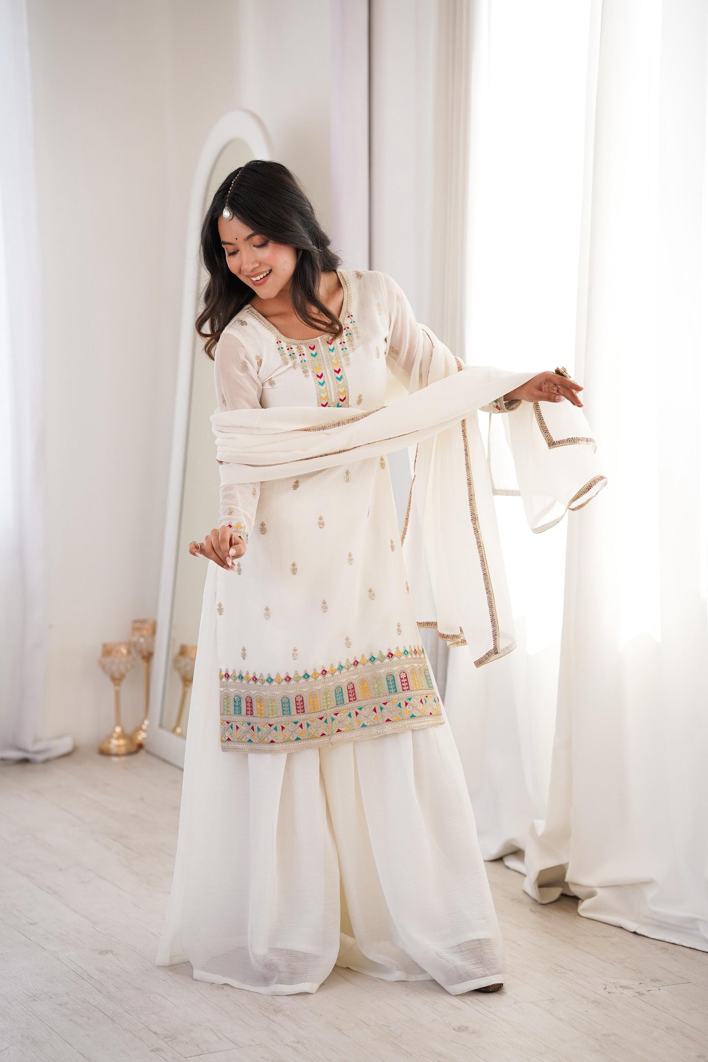 Pure Soft Crunchy Silk Sharara Set with Multicolor Embroidery