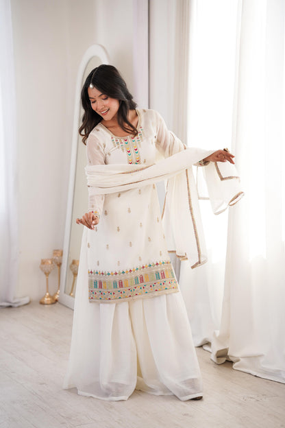 Pure Soft Crunchy Silk Sharara Set with Multicolor Embroidery