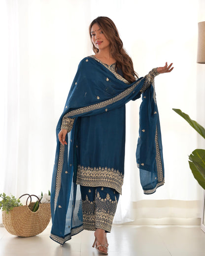 Pure Chinon Silk Embroidered Kurta Set with Dupatta & Trouser