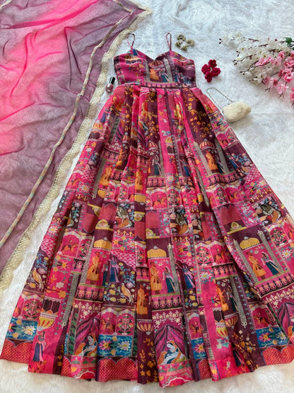 Gulnaar Digital Print Flared Anarkali Set