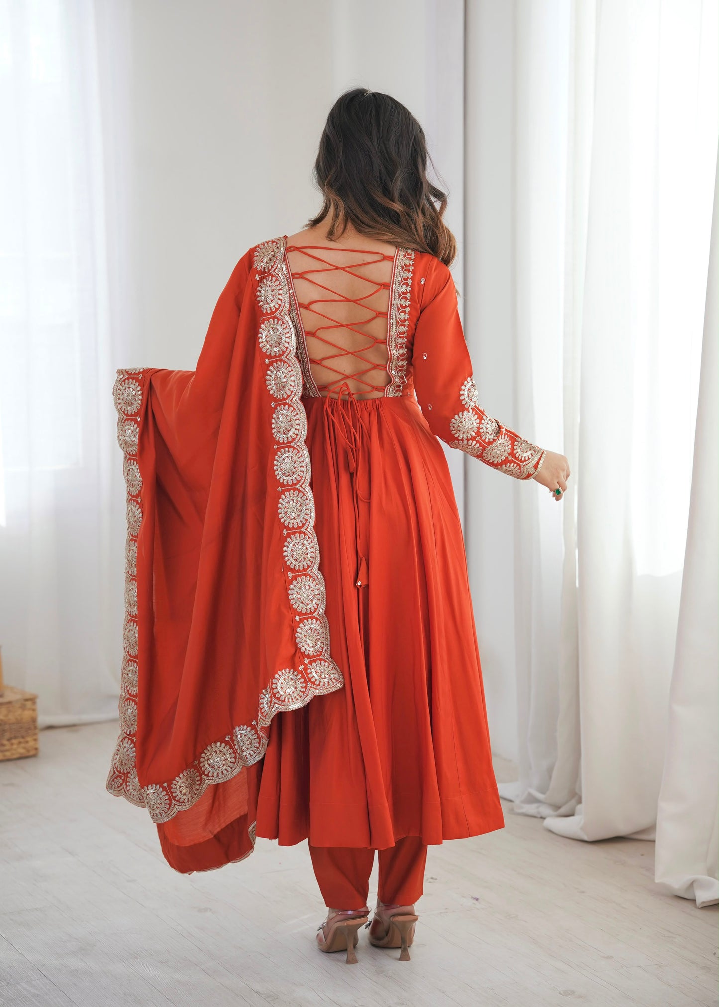 Regal Roman Silk Anarkali – Embroidered Elegance Set