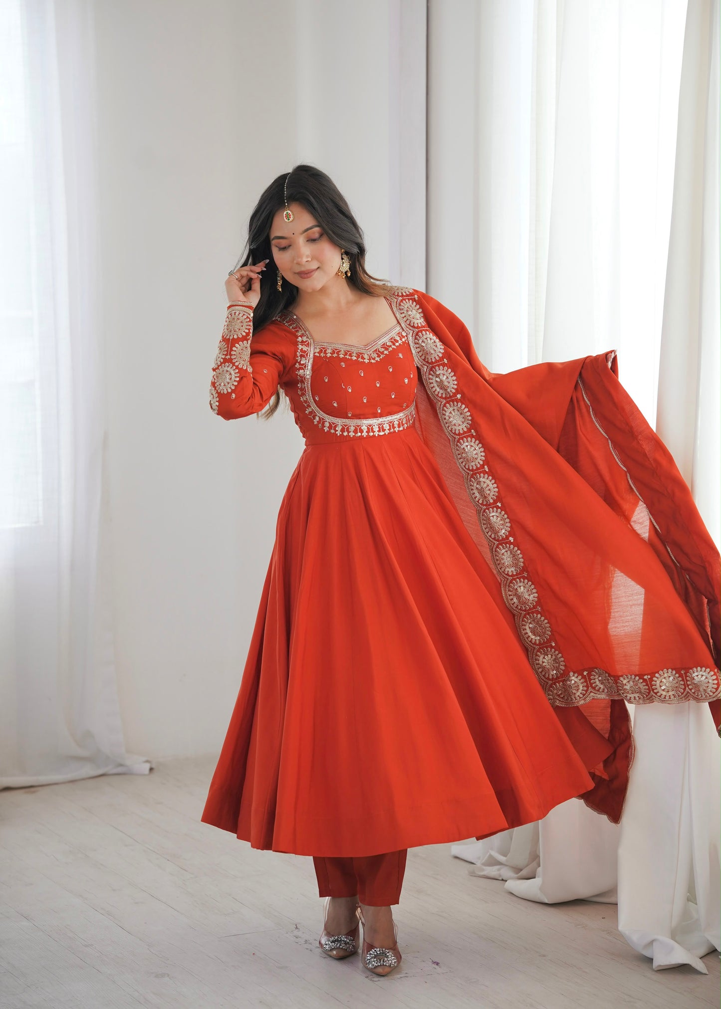 Regal Roman Silk Anarkali – Embroidered Elegance Set