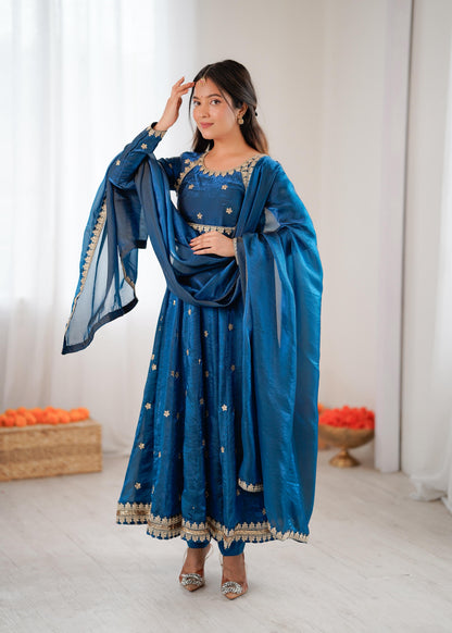 Designer Fandy Silk Gown Set with Dupatta & Pant