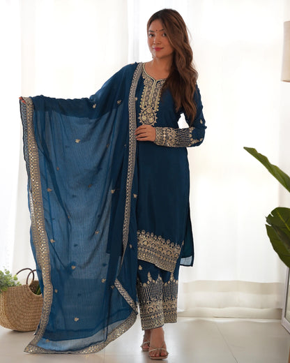 Pure Chinon Silk Embroidered Kurta Set with Dupatta & Trouser