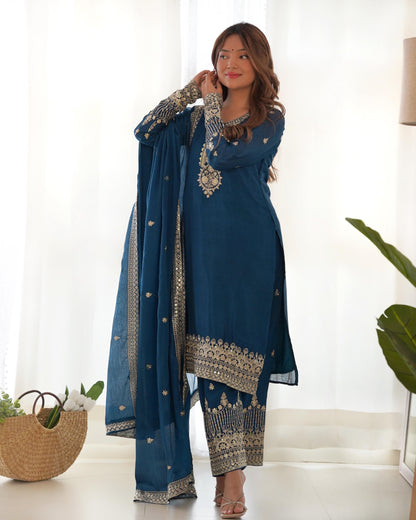 Pure Chinon Silk Embroidered Kurta Set with Dupatta & Trouser