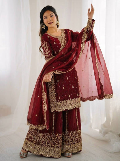 Premium Fndy Silk Sequence Work Kurta Palazzo Set