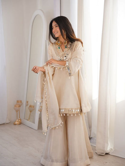 Premium Chinon Mirror Work Palazzo Set With Kodi Lace Dupatta
