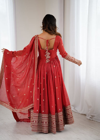 Premium Crunchy Silk Rust Anarkali With Dupatta