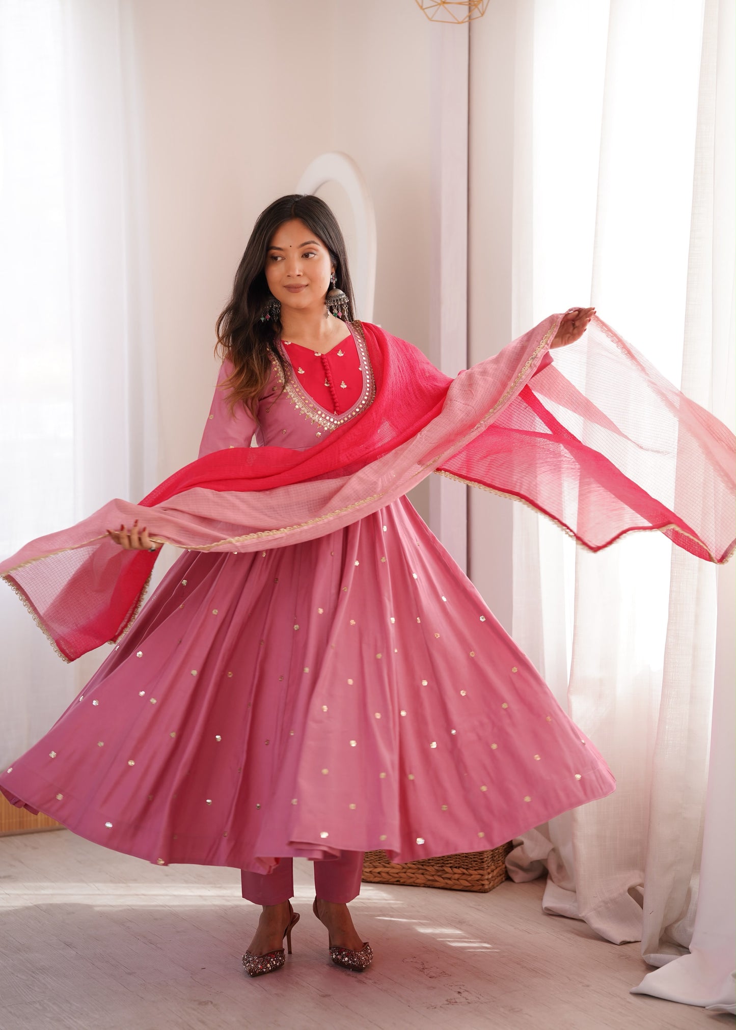 Shine & Twirl Anarkali Set – Mirror Work Designer Look