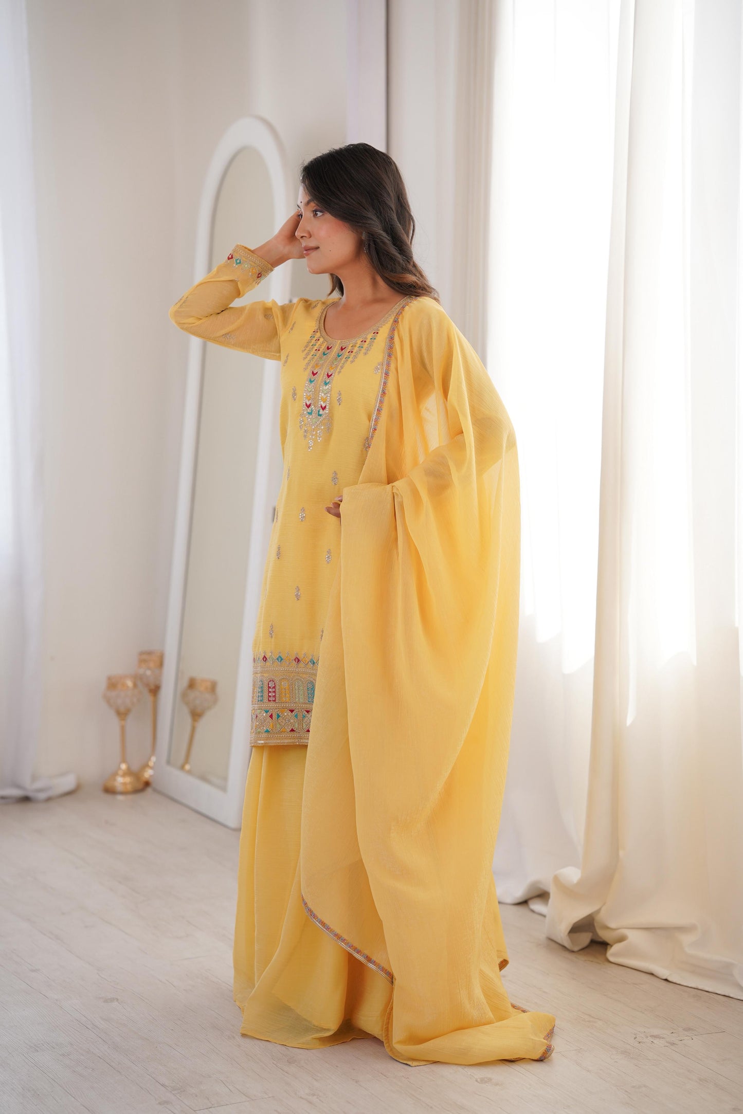 Pure Soft Crunchy Silk Sharara Set with Multicolor Embroidery