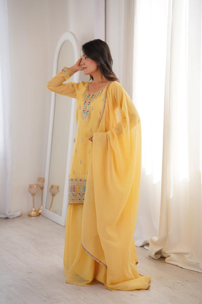 Pure Soft Crunchy Silk Sharara Set with Multicolor Embroidery