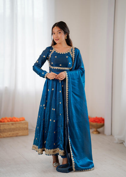 Designer Fandy Silk Gown Set with Dupatta & Pant