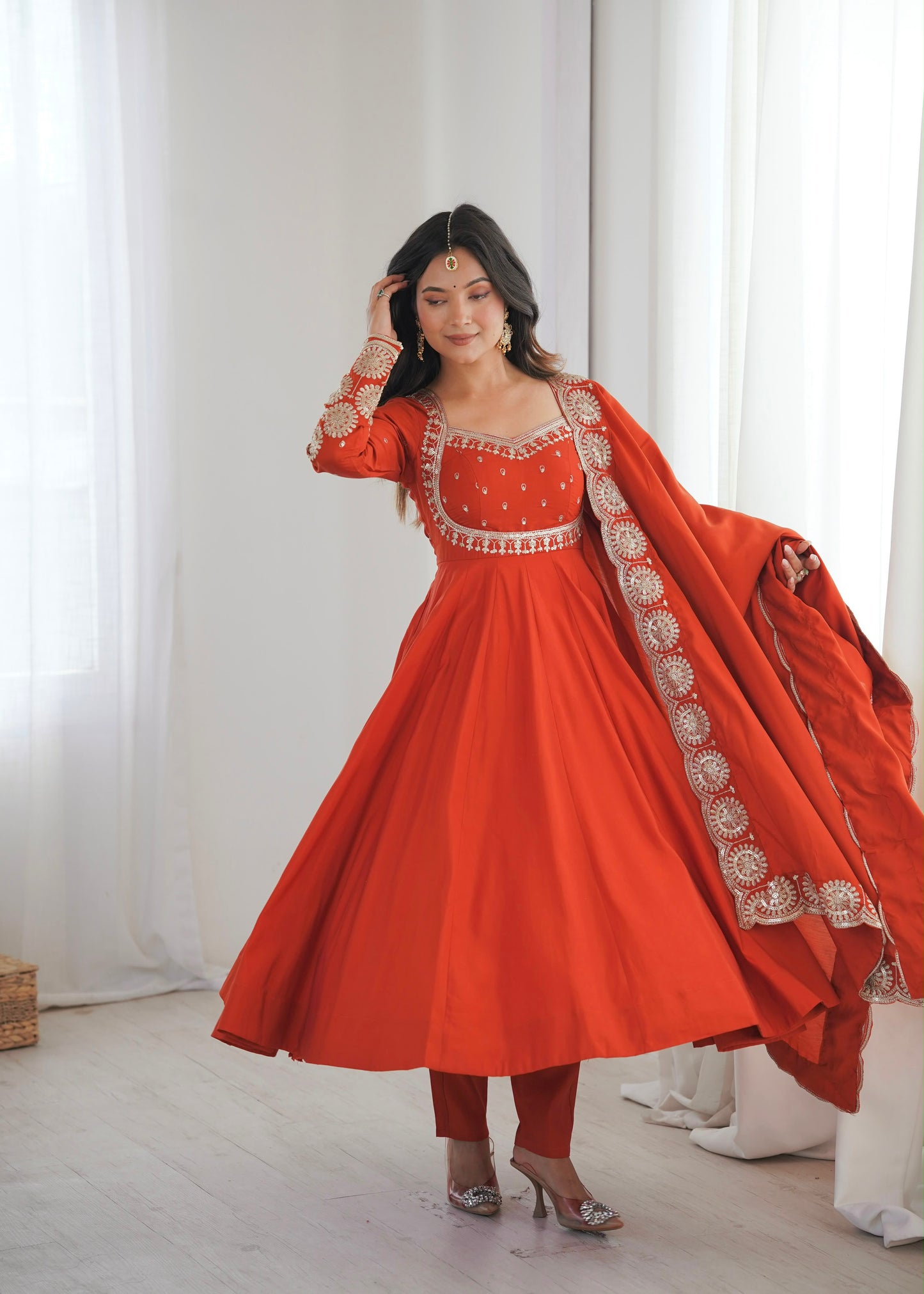 Regal Roman Silk Anarkali – Embroidered Elegance Set
