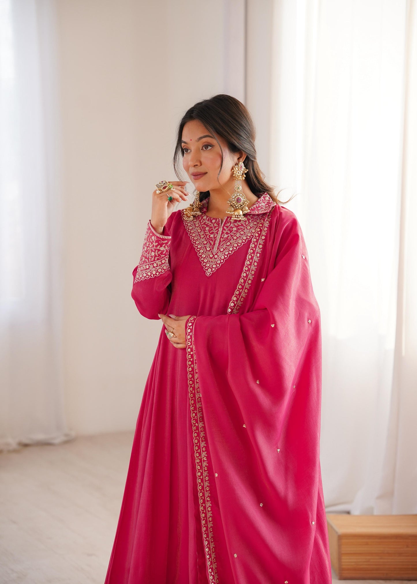 Premium Roman Shimmer Silk Anarkali Set with Dupatta & Pant