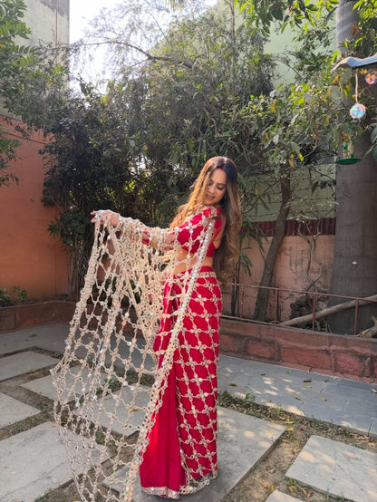 Fendy Silk Real Mirror Work Designer Saree – Red