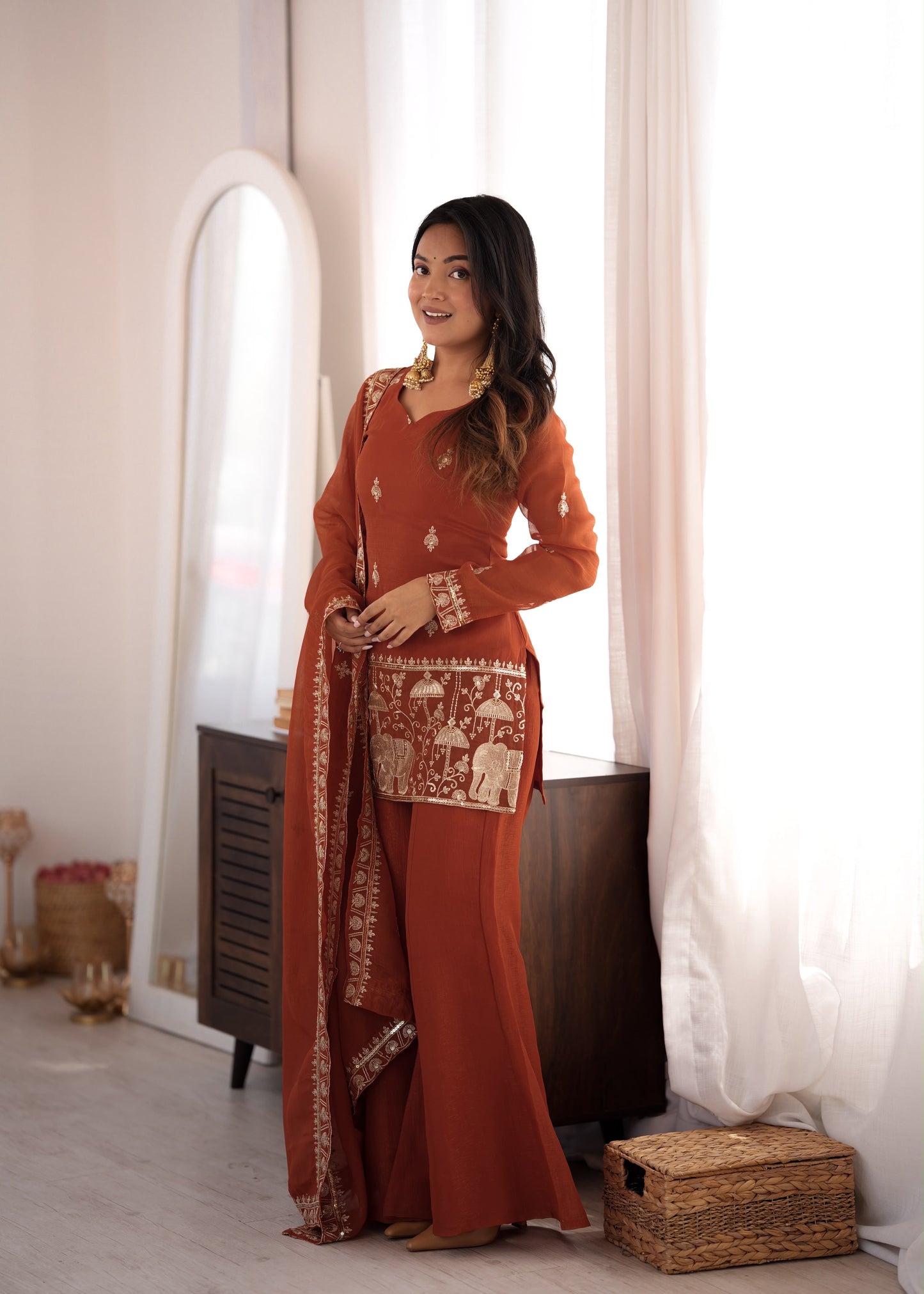 Crunchy Silk Bell Bottom Set – Embroidered Elegance