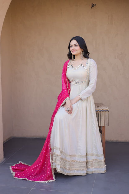 Mirror Work Gown Set – Cosmos Fabric with Designer Dupatta