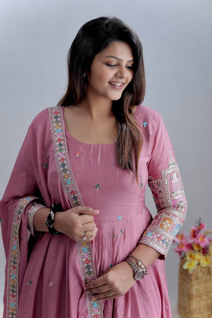 Designer Cinon Silk Embroidered Gown Pant Dupatta Set