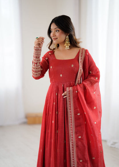 Premium Crunchy Silk Rust Anarkali With Dupatta
