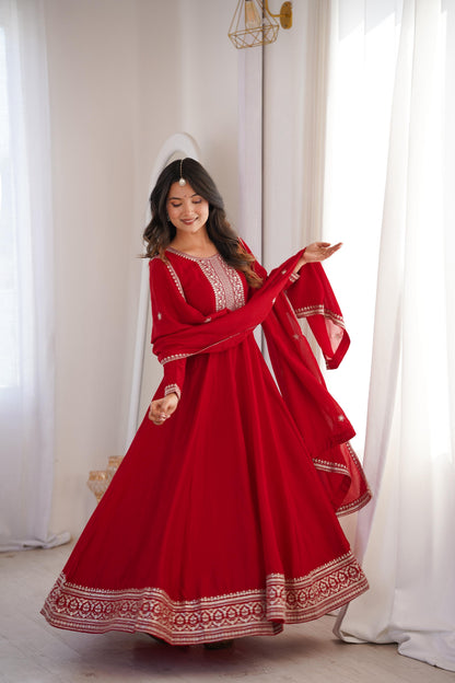Premium Dark Red Vichitra Silk Embroidered Anarkali Gown with Dupatta