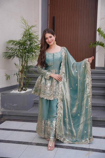 Fendy Satin Silk Gown Sharara Set with Mirror Work |