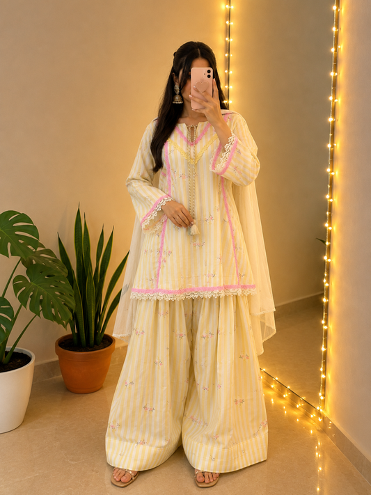 Elegant Cotton Farshi Set – Cambric Embroidered Designer Wear