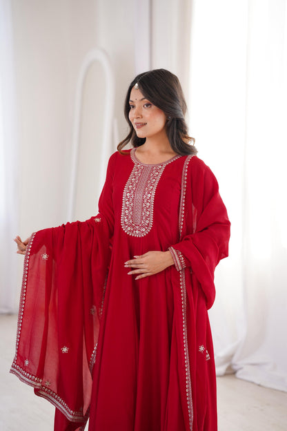 Premium Dark Red Vichitra Silk Embroidered Anarkali Gown with Dupatta