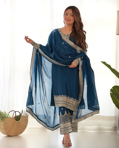 Pure Chinon Silk Embroidered Kurta Set with Dupatta & Trouser