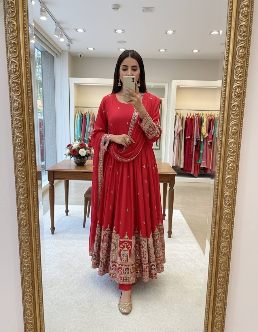 Designer Cinon Silk Embroidered Gown Pant Dupatta Set
