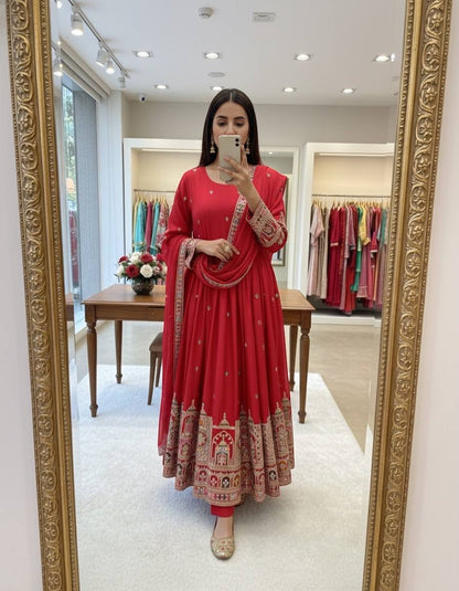 Designer Cinon Silk Embroidered Gown Pant Dupatta Set